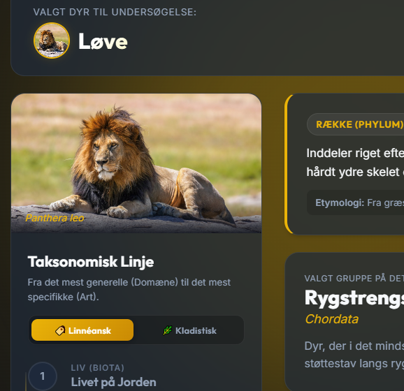 Biologi med løve og taksonomisk linje